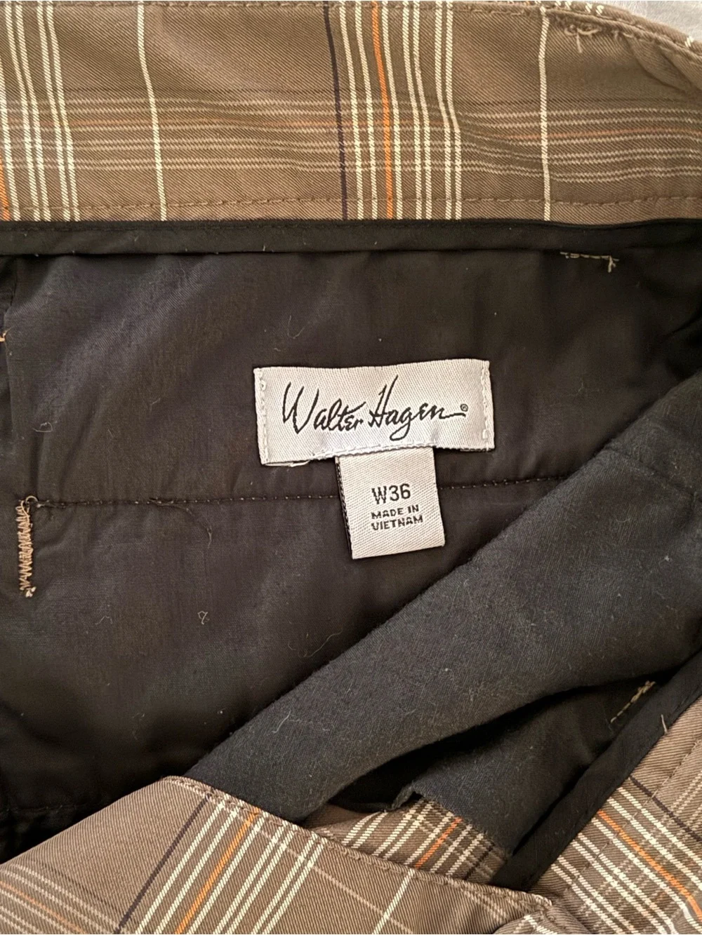 Men’s Walter Hagen Brown Plaid with White and Orange Flat Front Golf Shorts